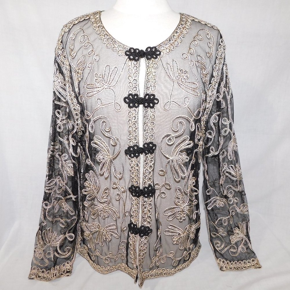 Princess Cruises Womens XL Black Sheer Blouse jacket Gold White Applique Detail